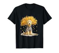Simpatico cane Goldendoodle che indossa foglie autunnali in flanella scozzese Maglietta