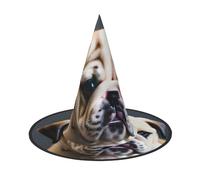 Simpatico cappello da strega con stampa di cucciolo di bulldog, unisex, per feste, Natale, carnevale, cosplay