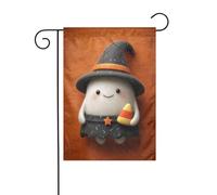 Simpatico cappello da strega fantasma di Halloween con bandiera da giardino con caramelle e mais, 30 x 45 cm, verticale su entrambi i lati, decorazione per casa colonica, vacanze, esterni, bandiera da