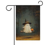 Simpatico cappello da strega fantasma su altalena bandiera da giardino stagionale vacanza iuta doppia faccia bandiere esterne 30,5 x 45,7 cm