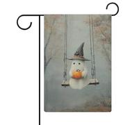 Simpatico cappello da strega fantasma su altalena che tiene bandiera da giardino con zucca stagionale vacanza iuta doppia faccia bandiere esterne 30,5 x 45,7 cm