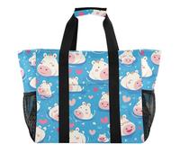 Simpatico cartone animato blu ippopotamo Utility Tote Bag per le donne pieghevole con scomparti con manici borse da spiaggia, carino cartone animato ippopotamo, 1 size, Moda