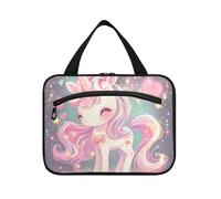 Simpatico cartone animato colorato unicorni scintille stelle appeso toilette borse per gli uomini con gancio, designer chic trucco borse per gli elementi essenziali per le donne lavoro estuche para