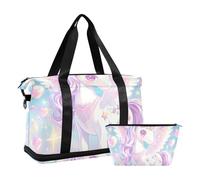 Simpatico cartone animato unicorni glitter cuori grande borsa da viaggio pernottamento weekender borse con borsa da toilette per viaggi di lavoro 2 pezzi set, Carino cartone animato unicorni glitter