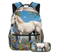 Simpatico cavallo e fiore libera la tua creatività con questo set di 2 zaini, zaino e astuccio per ragazzi, ragazze e adolescenti, Multicolore, B:29.4x20x40cm P:19x7.5x3.8cm, Zaini Daypack