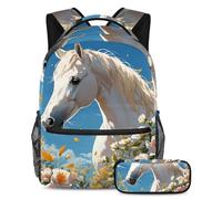 Simpatico cavallo e fiore per rimanere organizzati, rimanere freschi, set di 2 zaini per la scuola con astuccio, un must per gli studenti alla moda, Multicolore, B：29.4x20x40cm P：19x7.5x3.8cm, Zaini