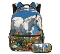 Simpatico cavallo e fiore restano alla moda con questo set zaino e astuccio, ideale per la scuola per gli studenti, Multicolore, B：29.4x20x40cm P：19x7.5x3.8cm, Zaini Daypack