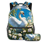Simpatico cigno e fiore libera la tua creatività, zaino con astuccio, la borsa per libri definitiva per ragazzi, ragazze e adolescenti, Multicolore, B:29.4x20x40cm P:19x7.5x3.8cm, Zaino daypack