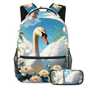 Simpatico cigno e fiore portano i tuoi sogni, set di 2 zaini per la scuola per ragazzi, ragazze e adolescenti, elegante borsa da viaggio per libri, Multicolore, B：29.4x20x40cm P：19x7.5x3.8cm, Zaini