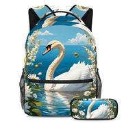 Simpatico cigno e fiore si preparano per il successo con il nostro set di zaino e astuccio premium, Multicolore, B：29.4x20x40cm P：19x7.5x3.8cm, Zaini Daypack