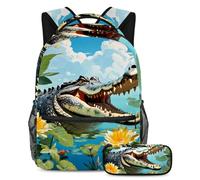 Simpatico coccodrillo e fiore conquistano la classe con il nostro set di 2 zaini per bambini, zaino e astuccio di grande capacità per ragazzi ragazze adolescenti, Multicolore, B：29.4x20x40cm\