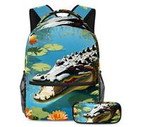 Simpatico coccodrillo e fiore elevano il tuo gioco scolastico, zaino con astuccio, grazioso set di borse per la scuola per ragazzi ragazze adolescenti, Multicolore, B：29.4x20x40cm P：19x7.5x3.8cm,