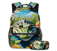Simpatico coccodrillo e fiore per stare al passo con il nostro set zaino e astuccio per ragazzi, ragazze e adolescenti, Multicolore, B：29.4x20x40cm P：19x7.5x3.8cm, Zaini Daypack