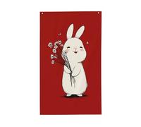 Simpatico coniglietto bianco che tiene fiori bandiere per casa da cortile, 0,9 x 1,5 m, striscione di auguri con occhielli per interni ed esterni, decorazioni per la casa