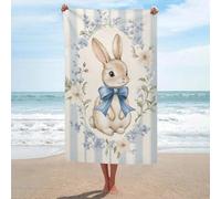 Simpatico coniglietto pasquale con un nastro blu, telo mare in microfibra senza sabbia, asciugamano da doccia grande, multiuso, assorbente, per bagno e piscina, 130 x 80 cm