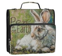 Simpatico coniglietto Peace on Earth morbido verde 3 anelli 3,8 cm cerniera raccoglitore organizzatore con tracolla e maniglia tasche multiple portatile casa viaggio sicuro borsa per la scuola