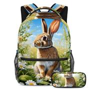 Simpatico coniglio e fiore si distinguono dalla folla con il nostro zaino e astuccio combinato, ideale per ragazzi, ragazze e adolescenti, Multicolore, B：29.4x20x40cm P：19x7.5x3.8cm, Zaini Daypack