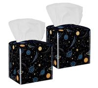 Simpatico contenitore per fazzoletti con cielo notturno, pianeti, comete, confezione da 2 pezzi, in pelle PU, quadrato, per casa, ufficio, auto