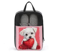 Simpatico cucciolo che tiene un cuore rosso glitterato con rose borsa per scarpe da viaggio per uso quotidiano anti-polvere porta scarpe da golf