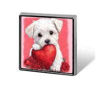 Simpatico cucciolo che tiene un cuore rosso glitterato con rose spille e spille unisex quadrato leggero bavero distintivo gioielli per abbigliamento scialle cappello