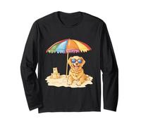 Simpatico cucciolo di cane Golden Retriever Sandy Beach Summer Umbrella Puppy Maglia a Manica