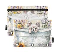 Simpatico cucciolo di lavanda girasole nella vasca da bagno Rilassante 3 anelli raccoglitore matita sacchetto con cerniera 2 pezzi cartella trucco borsa accessori di cancelleria