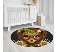 Simpatico Cucciolo di Leone Tappeto Rotondo Piccolo Animale Stampa Fiore Tappeti Neri Lavabile Antiscivolo Morbido Cerchio A Veli Bassi per la sala giochi della scuola materna 160cm