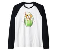 Simpatico cucciolo in Matcha Drink Kawaii Dog Dessert Art Maglia con Maniche Raglan