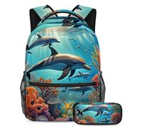 Simpatico delfino rimani organizzato con la nostra borsa per libri e astuccio di grande capacità, Multicolore, B:29.4x20x40cm P:19x7.5x3.8cm, Zaini Daypack
