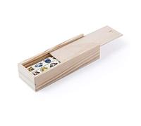 Simpatico domino per bambini con animaletti in legno. Domino piccolo/viaggio con 28 pezzi in legno e presentato in astuccio di legno con coperchio.