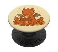 Simpatico drago abbracciare libro con foglie autunnali Fantasy PopSockets PopGrip Adesivo