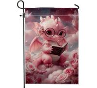 Simpatico drago pesca lettura libro bandiera giardino, fantasia floreale decorazione per esterni, striscione a molla doppia faccia, adorabile decorazione da cortile fantasia, perfetta per la camera