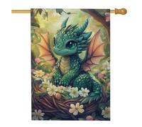 Simpatico drago verde nel nido bandiera da giardino, decorazione primaverile estiva fiaba, striscione per prato esterno in iuta su entrambi i lati, vivace decorazione floreale per la casa, 71 x 101 cm