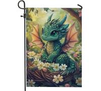 Simpatico drago verde nel nido bandiera da giardino, decorazione primaverile estiva fiaba, striscione su entrambi i lati in iuta per prato esterno, decorazione floreale vivace per la casa, 30,5 x 45,7