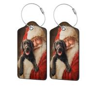 Simpatico e felice cane con Babbo Natale per valigia, confezione da 2 etichette per bagagli in pelle con patta per la privacy, etichetta identificativa con nome e anello in metallo, per donne e uomini