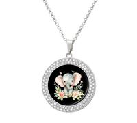 Simpatico elefante con fiori acquerello donna collana con ciondolo personalizzato rotondo diamante collane gioielli regali per gli uomini compleanno, Misura unica, Metallo
