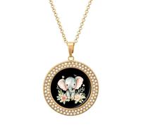 Simpatico elefante con fiori acquerello donna collana con ciondolo personalizzato rotondo diamante collane gioielli regali per gli uomini compleanno, Misura unica, Metallo