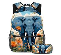 Simpatico elefante e fiore libera la tua creatività, zaino con astuccio, set di zaini per la scuola tutto in uno per ragazzi ragazze adolescenti, Multicolore, B:29.4x20x40cm P:19x7.5x3.8cm, Zaini