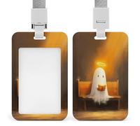 Simpatico fantasma bianco con un alone luminoso porta badge identificativo clip retrattile porta carte di credito protezione nome badge targhetta per lavoro ufficio medico infermiera