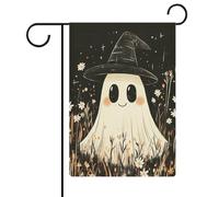 Simpatico fantasma che indossa cappello da strega, fiori selvatici, bandiera da giardino, festività stagionali, juta, doppia faccia, bandierine esterne per casa, cortile, 30,5 x 45,7 cm