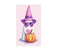 Simpatico fantasma che indossa un cappello da strega rosa, bandiere per la casa da cortile, 0,9 x 1,5 m, striscione con occhielli per interni ed esterni, decorazioni per la casa