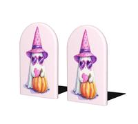 Simpatico fantasma che indossa un cappello da strega rosa fermalibri per scaffali 2 pezzi fermalibri in legno per biblioteche per casa ufficio