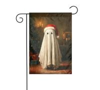 Simpatico fantasma che indossa un cappello di Babbo Natale, bandiera da giardino, 30 x 45 cm, verticale su entrambi i lati, decorazione per casa colonica, vacanze, esterni, bandiera