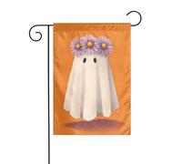 Simpatico fantasma che indossa una grande lavanda margherita corona bandiera da giardino 30 x 45 cm verticale su entrambi i lati per fattoria vacanze decorazioni esterne bandiera cortile