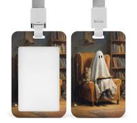 Simpatico fantasma che legge con porta badge identificativo a forma di gatto, clip retrattile, porta carte di credito, nome, badge per lavoro, ufficio, dottore, infermiere