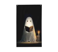 Simpatico fantasma che legge divertenti bandiere per la casa del cortile di Halloween, 0,9 x 1,5 m, striscione di auguri con occhielli per interni ed esterni, decorazioni per la casa