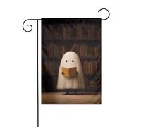 Simpatico fantasma che legge in una vecchia biblioteca bandiera da giardino 30 x 45 cm verticale su entrambi i lati per fattoria vacanze decorazioni esterne bandiera cortile