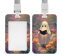 Simpatico fantasma che legge nel giardino dei fiori porta badge identificativo clip retrattile porta carte di credito protezione nome badge targhetta per lavoro ufficio medico infermiera
