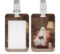 Simpatico fantasma che legge su una poltrona porta badge identificativo con clip retrattile porta carte di credito protettore nome badge targhetta per lavoro ufficio medico infermiera