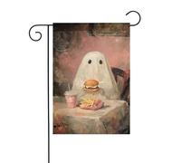 Simpatico fantasma che mangia hamburger tazza da caffè bandiera da giardino 30 x 45 cm verticale su entrambi i lati per fattoria vacanze decorazioni esterne bandiera cortile